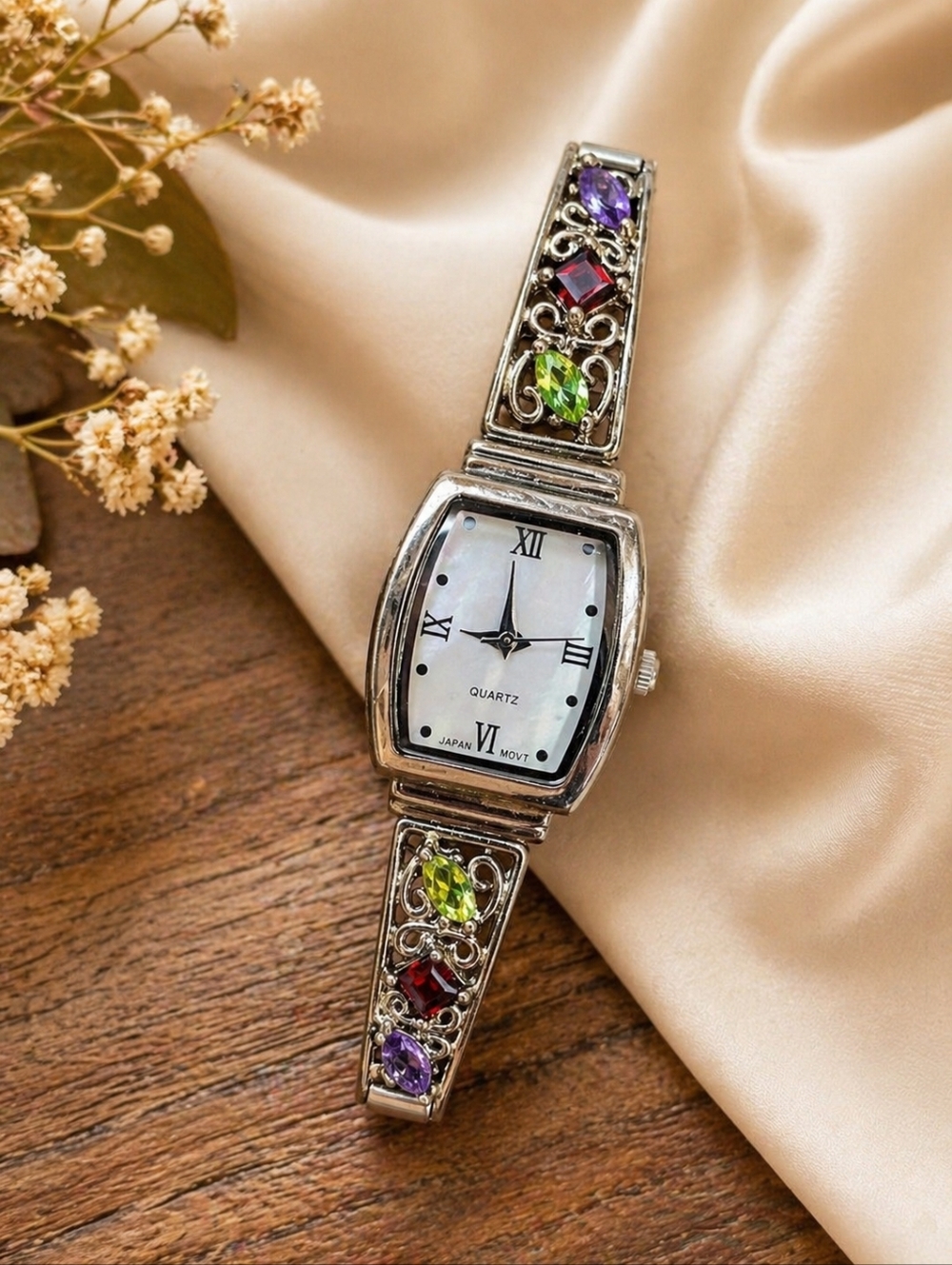 Peridot Garnet Amethyst  Watch New Battery Quartz Stretch Band